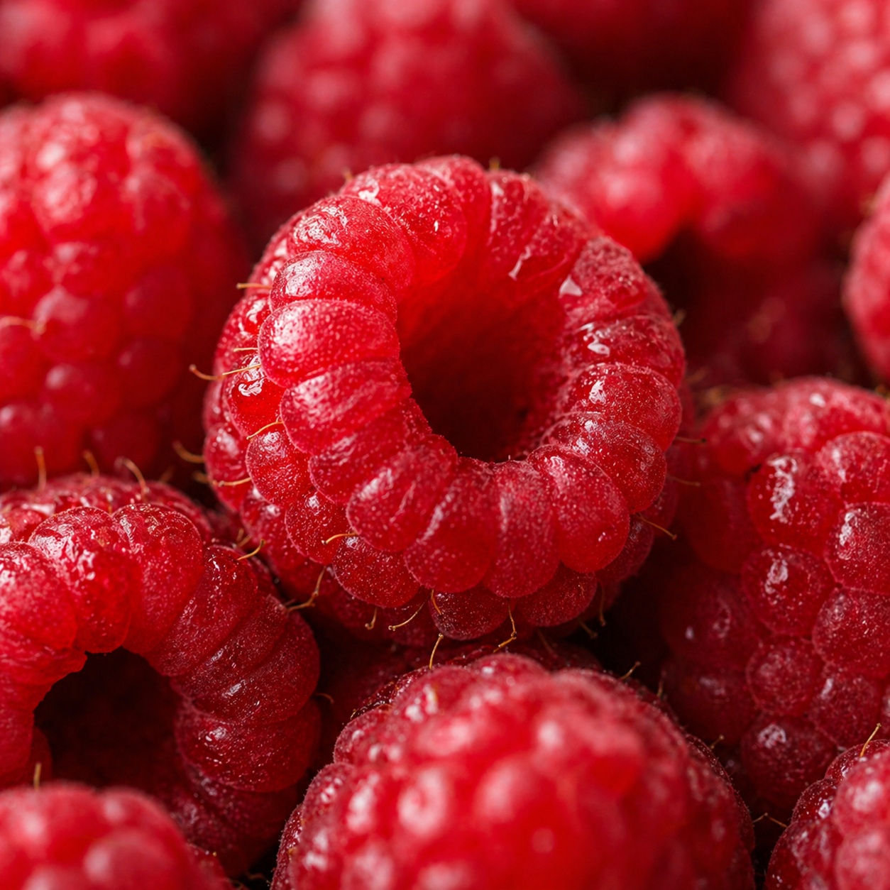 macro close-up of vibrant red frozen raspberries covered in delicate frost crystals with soft studio background