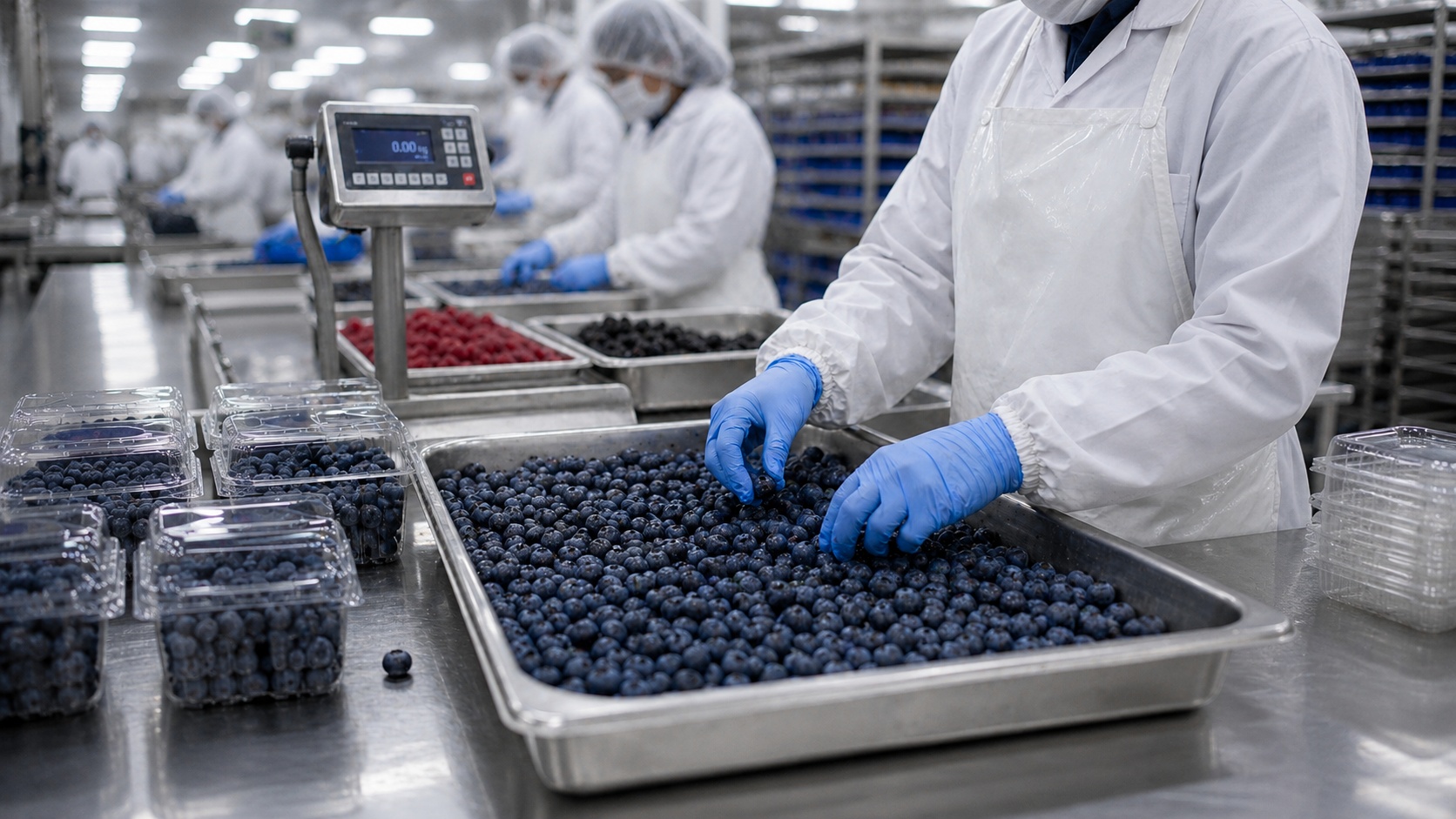 professional industrial food processing facility with high-end stainless steel equipment and fresh produce
