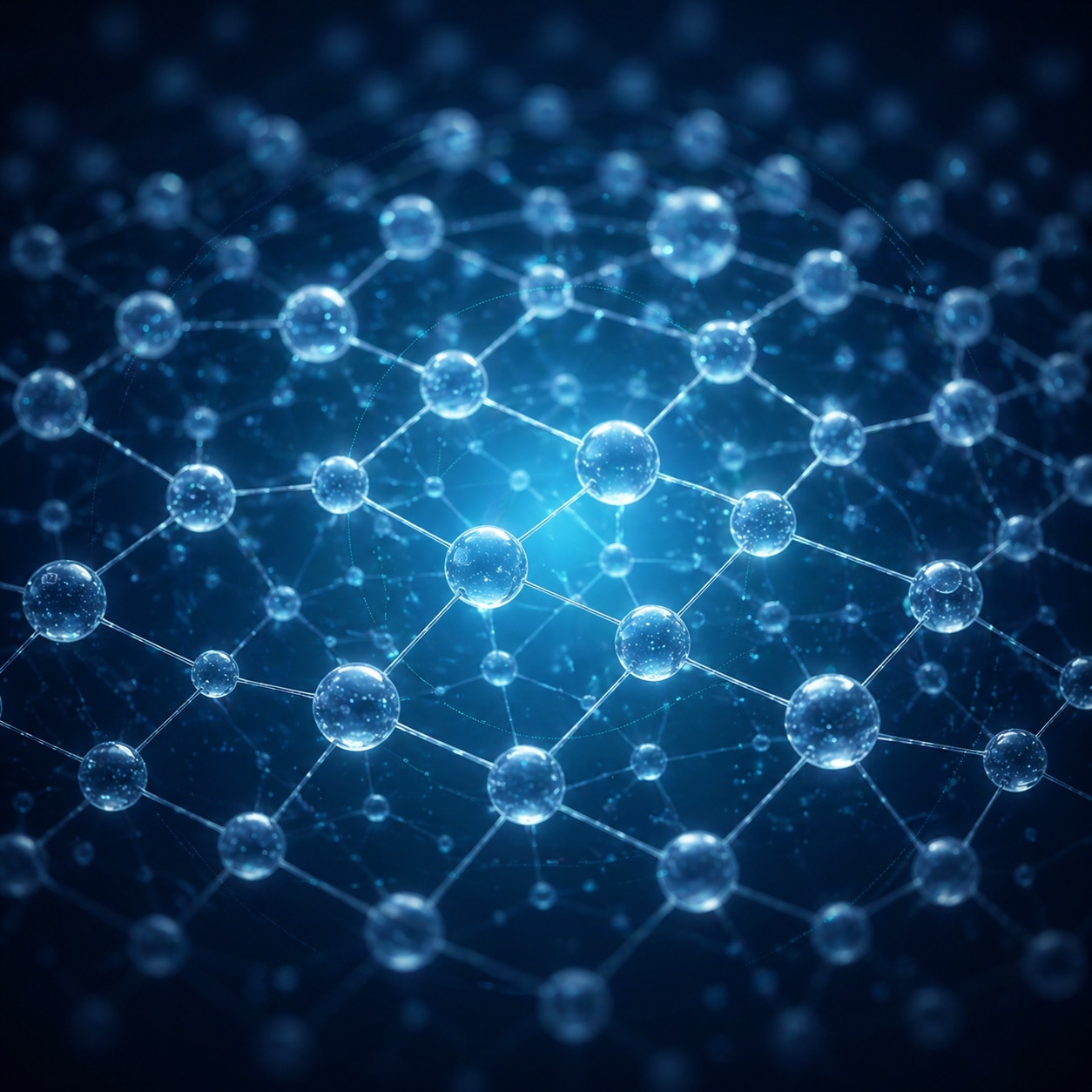 abstract technological representation of magnetic field lines and water molecules aligning in a grid-like pattern with cool cyan light glows
